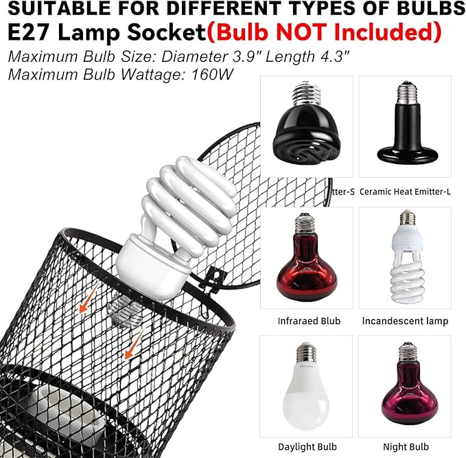 kathson 2 PCS Retractable Reptile Heat Lamp Guard,Reptile Anti-Scald Mesh Cage Guard Lampshade,Ceramic Heat Emitter Heat Lamp Shade Fixture for Snake Lizard Turtle Frog,Without Bulb