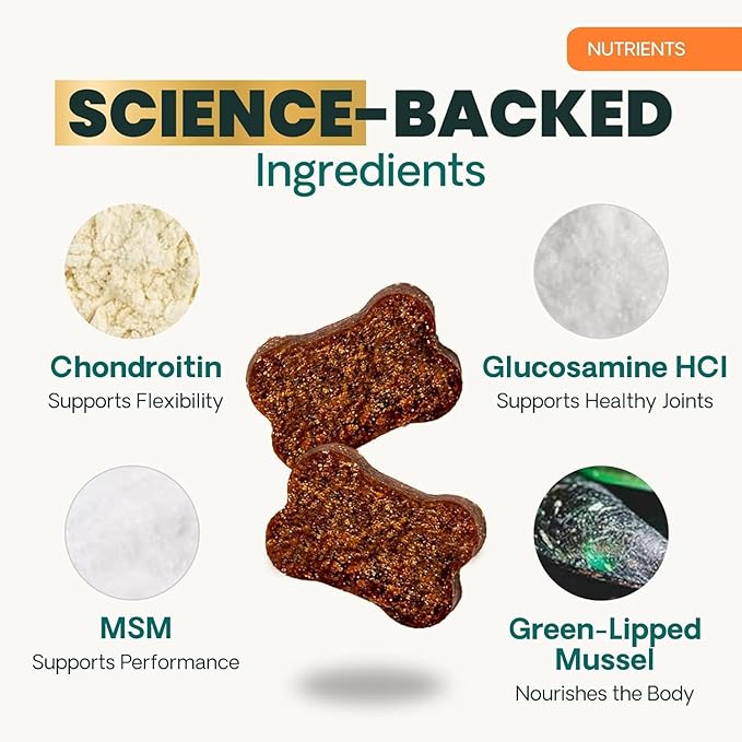 VetriScience Extra Strength Healthy Hip & Joint Chews, GlycoFlex Glucosamine and Green-Lipped Mussel Joint Support Supplement for Dogs, Promote Mobility and Soothe Joint Discomfort, Chicken, 120 Count