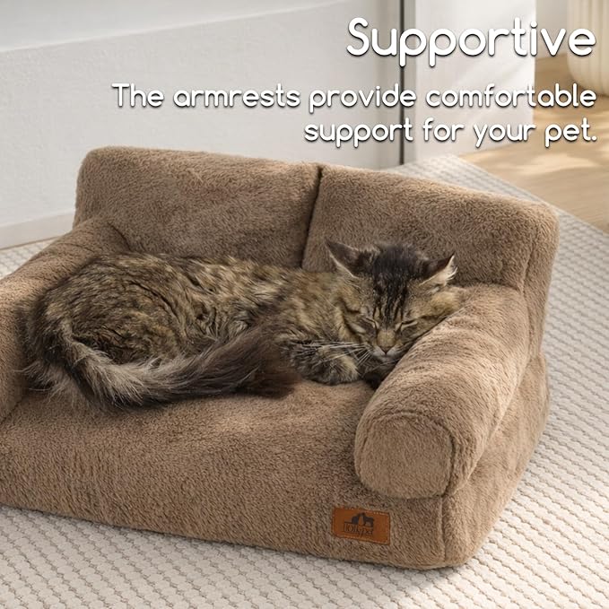 Hollypet Fluffy Dog Cat Bed Pet Couch Beds Plush Soft Warming Washable Puppy Bed for Small Medium Dogs and Large Cats, Dark Brown, 24" L x 18" W x 10" Th
