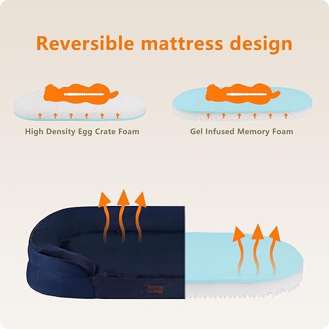 Dwanton Orthopedic Dog Bed for Extra Large Dogs with Gel Memory Foam, Waterproof Dog Sofa, Washable Pet Bed with Four Sided Bolster Cushion, Removable Cover & Non-Slip Bottom, 45", Navy Blue