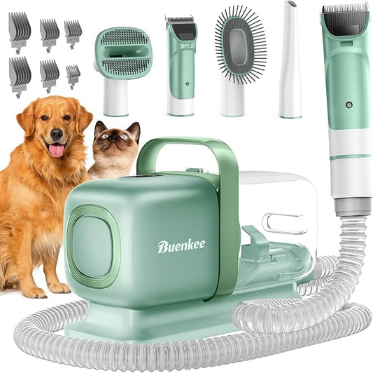 buenkee Dog Grooming Kit with Vacuum, 15000Pa Pet Hair Clipper and Shedding Brush, 50dB Low Noise, 2L Capacity, Green