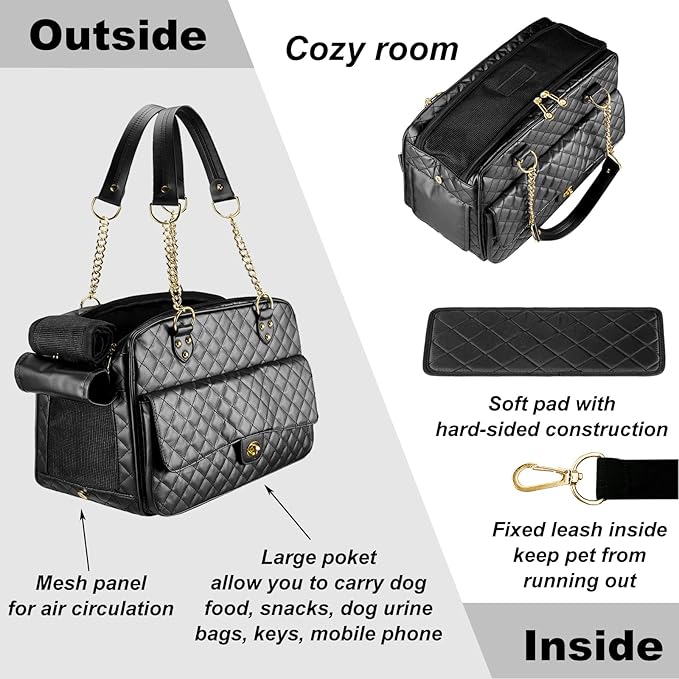 Fashion Dog Purse Carrier for Small Dogs with Large Pockets, Holds Up to 8lbs Quality PU Leather Pet Carrier, Cat Carrier, Airline Approved Puppy Purse Carrier for Travel (Black, Small Size)