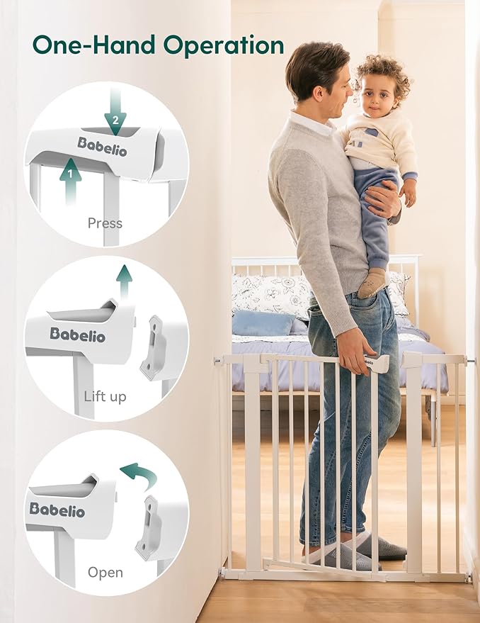 Babelio Metal Baby Gate, 29-48" Auto Close Easy Install Pet Gate, Extra Wide Walk Thru Child Safety Gate, Pressure Mounted Dog Gate for Doorways & Stairs, with Y Spindle Rods, White