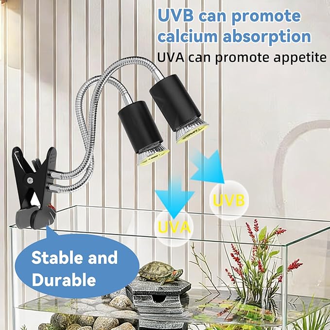 BNOSDM Reptile Heat Lamp, Dual-Head UVA UVB Light for Aquarium Turtle Tank, Reptile Lamp Fixture with 2*50W Basking Light and 360° Rotatable Timing & Dimming, Tortoise Heat Lamp for Lizard Snake Chick
