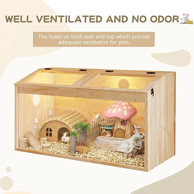 Wooden Hamster Cage, Large Hamster Cage Enclosure with Acrylic Window & Openable Top, 32" Small Animal Habitat for Guinea Pig, Chinchilla, Gerbil (32" L x 16" W x 16" H)