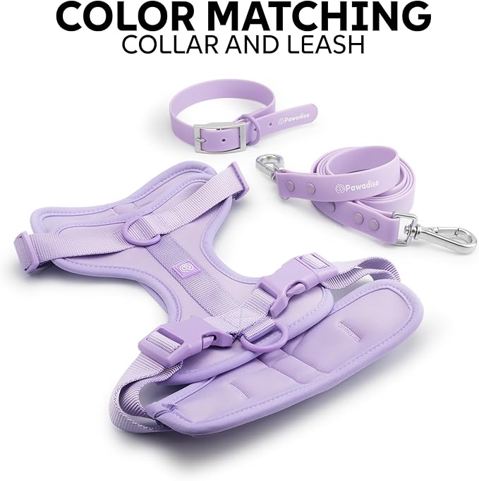 Dog Harness, Collar & Leash Set, Adjustable No Pull Harness with 3 Leash Clips, Waterproof Matching Collar & Leash, Breathable Comfort (Lilac, Large)