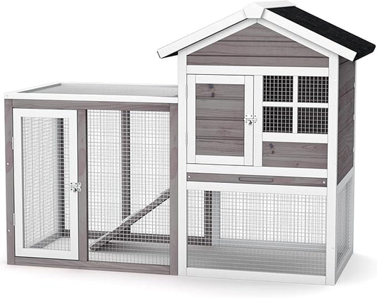 PETSITE Rabbit Hutch, 48.5" Wooden Chicken Coop with Roof & Tray, Bunny Cage Indoor Outdoor, Guinea Pig Pet House for Small Animals, Grey