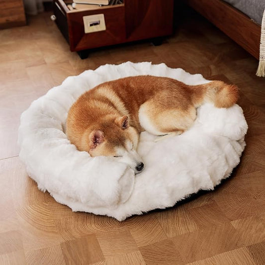 Dog Bed Couch Sofa for Small Medium Dogs and Cats Round Plush Orthopedic Sofa Pet Bed Washable Puppy Bed with Removable Cover Anxiety Relief Dog Couch Pet Furniture for Indoor Pets 30 x 30 x 9 White