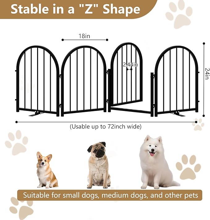 PUPETPO Full Metal Dog Gate with Door for Indoor Outdoor, 24" Tall Free Standing Pet Dog Fence, 72" Extra Wide Pet Gates for Stairs, Hallways, Doorways, Kitchen, Decks, Yards (Black, 4 Panels)
