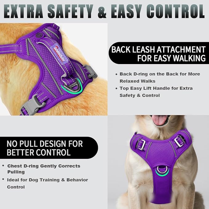 BARKBAY No Pull Dog Harness Large Reflective Dog Harness with Front Clip and Easy Control Handle for Walking Training Running with ID tag Pocket(Purple,XL)