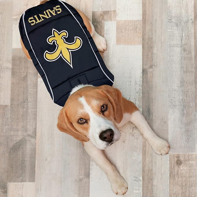 NFL New Orleans Saints Puffer Vest for Dogs & Cats, Size Medium. Warm, Cozy, and Waterproof Dog Coat, for Small and Large Dogs/Cats. Best NFL Licensed PET Warming Sports Jacket