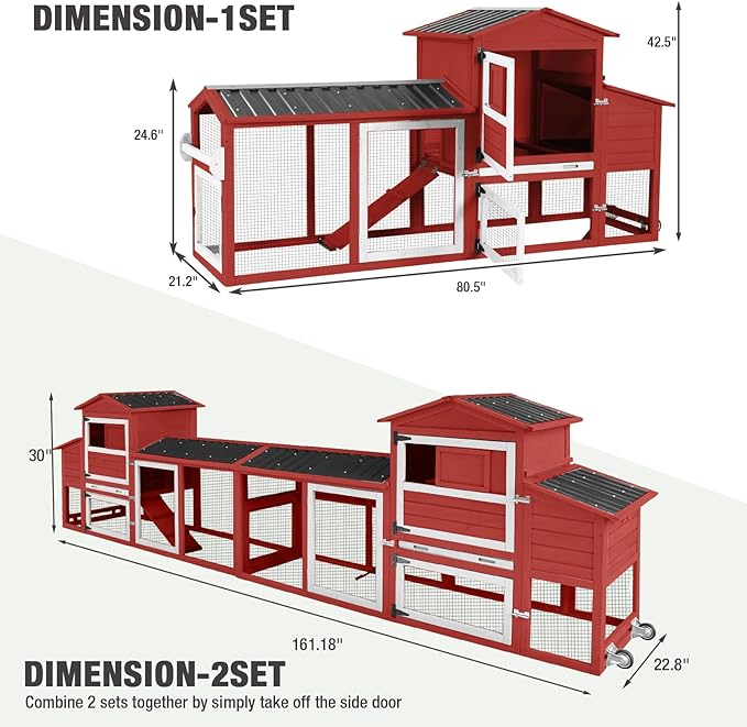 80’’ Chicken Coop with Wheels, Outdoor Wooden Chicken House with Nesting Box, Poultry Chicken Cage with Weatherproof Roof and Leakproof Pull-on Tray, Large Chicken Coops with 2-4 Chickens (Red)