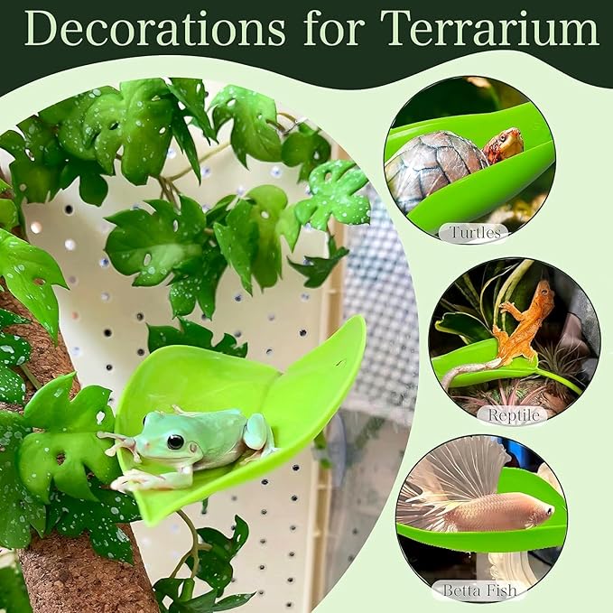 9-Pack Plastic Leaf Decor Decorations with Suction Cups, Reptile Basking Platform for Terrarium Frog Tank, Habitat Climbing Resting Area for Tree Frogs, African Dwarf Frogs, Toads, Turtles and Lizards
