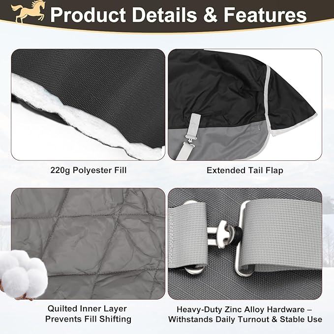 Winter Blanket for Mini Horse, Pony, Donkey, Llama, Alpaca, Small Equine- 220g Filled Medium Weight Winter Horse Blanket - 1200D Water Resistant (55‘’)