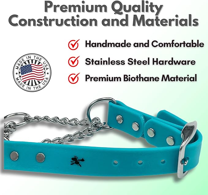 Martingale Collar for Dogs, Biothane, Stainless Steel Hardware, No Pull, Made in The USA, Professional Grade, XXS, Teal