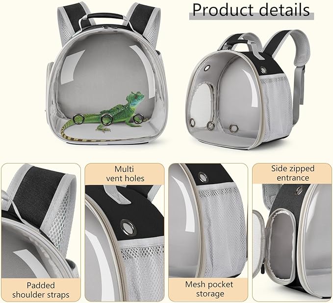 Bearded Dragon Carrier Backpack with Security Printing Harness Leash Set, Reptile Lizard Space Capsule Astronaut Clear Bubble Window Travel Carrier for Small Animal Guinea Pig(Black, Security Harness)