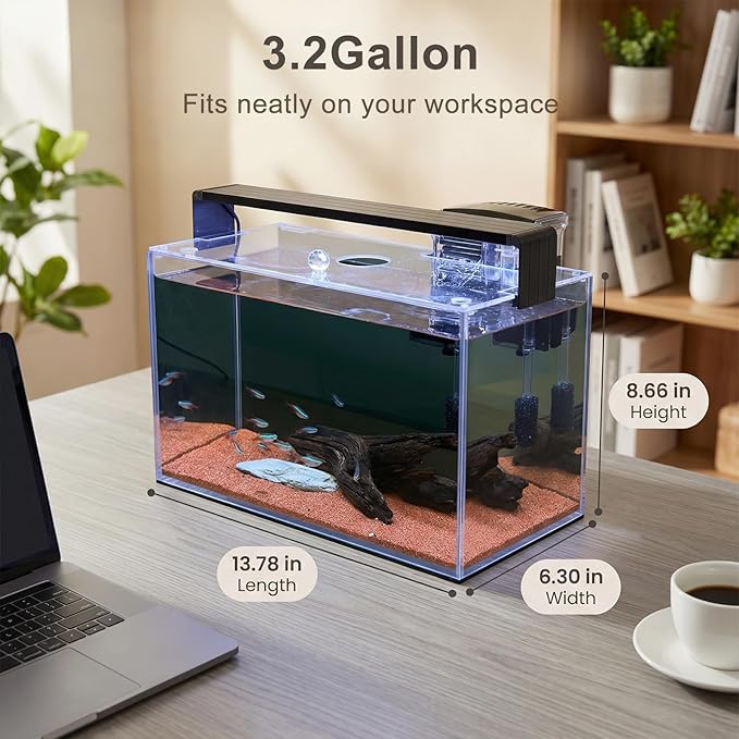 3.2 Gallon Fish Tank,Nano Nature Aquarium Kit,Small Starter Kit,Ultra-Clear Rimless Desktop Small Aquarium with Filter,Light,Rainforest Sand,Rock for Betta,Shrimp,Goldfish. Black Glass