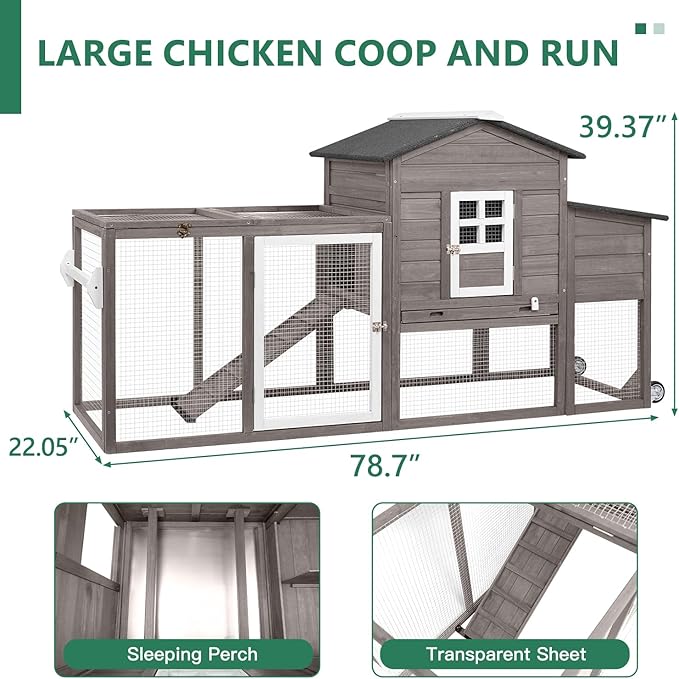 158" L Large Chicken Coop with Run, Mobile Chicken Hen House with Wheels, Nesting Boxes, Outdoor Rabbit Hutch, Poultry Cage for Chickens Ducks Bunny with Removable Tray, Ramp (Grey)
