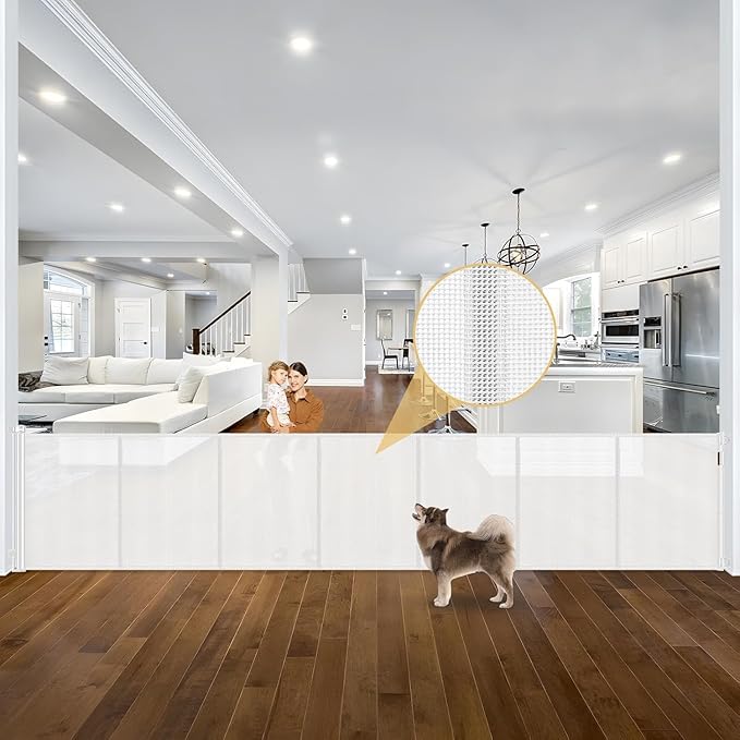Reinforced 42" Tall x 195" Extra Wide Retractable Baby Gate with Support Rods - Prevent Crawling Under, Extra Large Baby Gate Retractable Dog Gate Indoor Tall Dog Gate Outdoor Gates for Decks, White