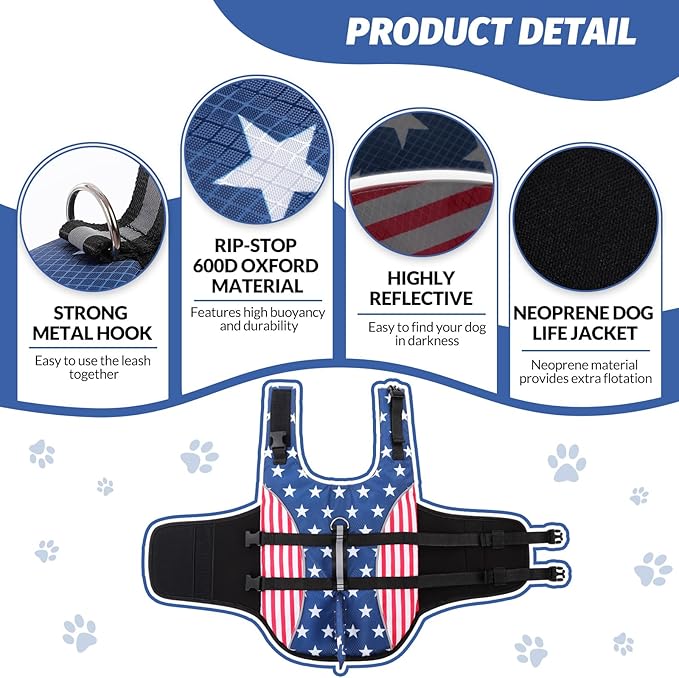 Queenmore Cat Life Jacket, XXS Extra Small Dog Life Vest for Swimming, American Flag Puppy Swimming Vest for Boating, Lightweight Small Dog Shark Swim Jacket with Rescue Handle/Leash Hook