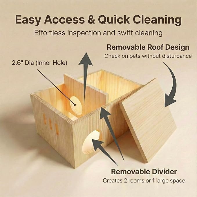 Solid Pine Multi Chamber Hamster Hideout House Removable Divider 3" Entrance for Syrian Hamsters 11.8" x 7.9" x 6.3" Natural Wood Nesting Hide House Small Pet Cage Habitat Accessory
