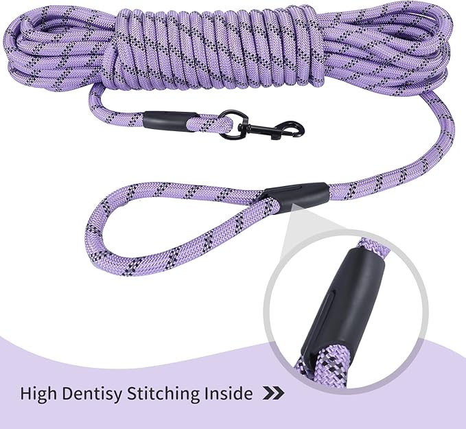 Long Dog Leash for Training 30Ft-Reflective Nylon Rope with Swivel Hook-Recall Agility Lead for Large Small Medium Dogs Outside Walking Hiking-Purple Diam 1/2"
