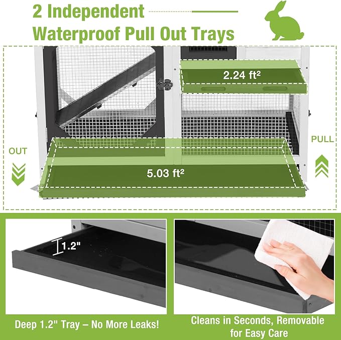 Gutinneen 2-Story Rabbit Hutch Bunny cage Wooden Rabbit Cage Indoor/Outdoor with Chew-Proof Ramp, 2 Leak-Proof Pull-Out Trays, Lockable Wheels for Rabbits, Guinea Pigs, Small Animals (Black and White)