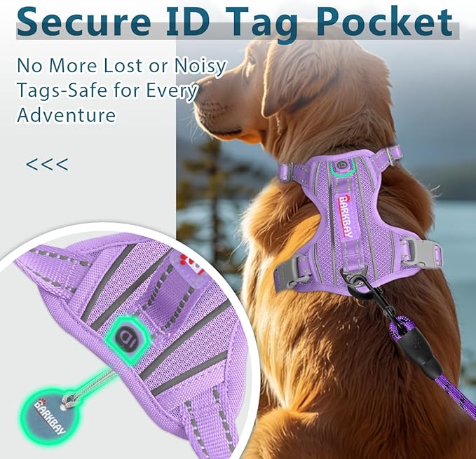 BARKBAY Dog Harness No Pull with ID Tag Pocket - Heavy Duty, Reflective, Easy Control for Large Dogs(Violet Purple,L)