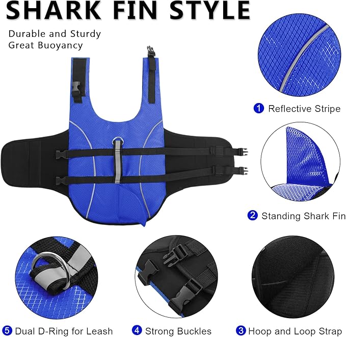 Queenmore Ripstop Dog Life Jacket Shark Life Vest for Dogs, Safety Lifesaver with High Buoyancy and Lift Handle for Small and Medium Breeds（Blue L）