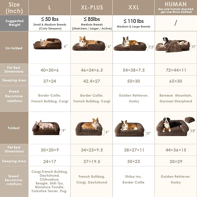 EHEYCIGA Foldable XXL Dog Bed for Large Sized Dog, 54"x38"x7.5" Faux Fur Fluffy Pet Couch Bed, Orthopedic Calming Memory Foam Big Pet Bed, Washable Pet Sofa Bed with Non-Slip Bottom, Brown