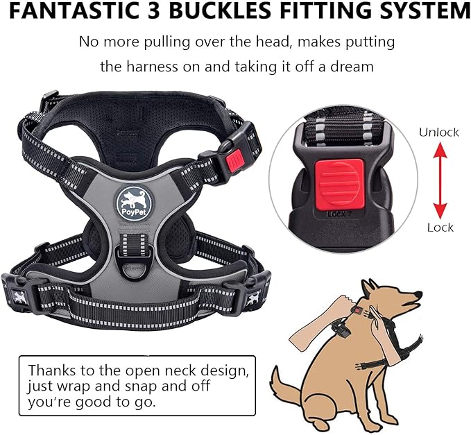 PoyPet No Pull Dog Harness, No Choke Front Lead Dog Reflective Harness, Adjustable Soft Padded Pet Vest with Easy Control Handle for Small to Large Dogs(Grey,XS)