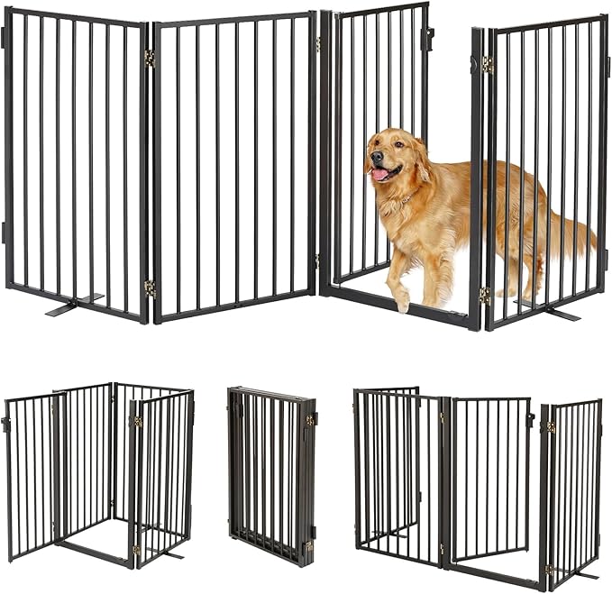 Metal Freestanding Dog Gates with Door for Outdoor Indoor,80'' Extra Wide Free Standing Dog Gate for Doorways,Large Openings,Deck,Yard,Porch,Foldable Safety Pet Fence(Black,4 Panels)