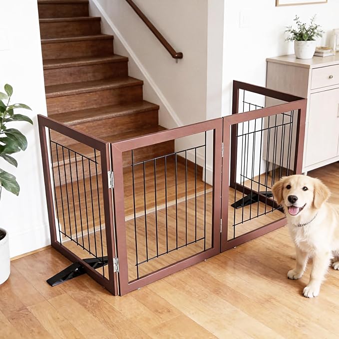 ZJSF Freestanding Dog Gate Indoor, Foldable Dog Fence for Doorways,Hallways or Stairs, Sturdy Wood Extra Wide Pet Gate with Support Feet,Brown,24 "Height-3 Panels