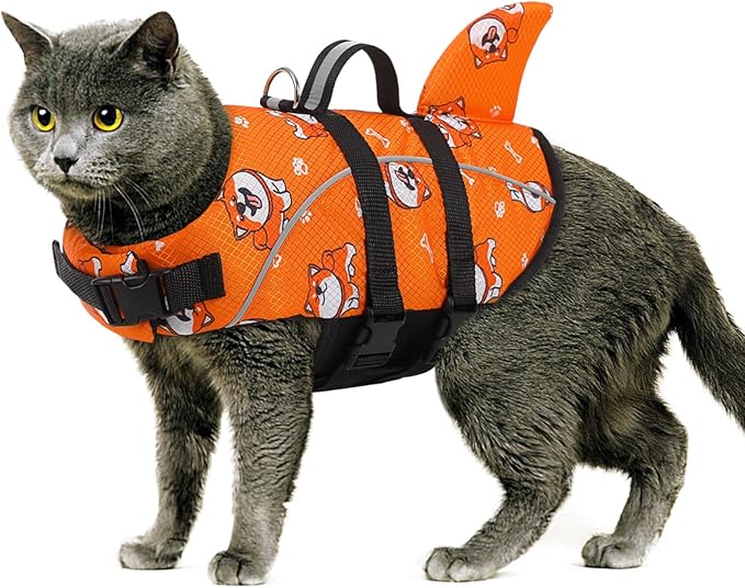 Queenmore XXS Cat Life Vest for Swimming, Extra Small Dog Life Jacket for Boating, Lightweight Dog Shark Life Jacket with Rescue Handle/Leash Hook/Reflective Strips