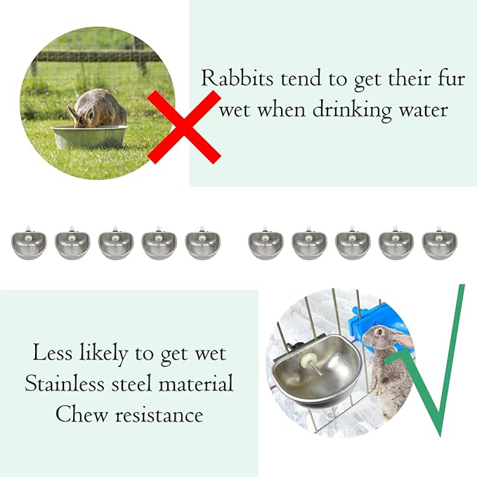 10Pcs Rabbit Stainless Pet Water Bowl Dispenser, Automatic Rabbit Water Feeder with Bowl, Rabbit Watering System Kit, Removable Hanging Pet Cage Water Bowls