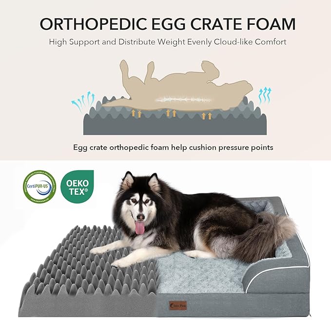 Orthopedic Dog Beds for Large Sized Dogs, Waterproof Memory Foam Large Pet Bed with Sides 35x22Inch, Non-Slip and Egg-Crate Foam Big Dog Couch Bed with Removable Washable Cover, Grey