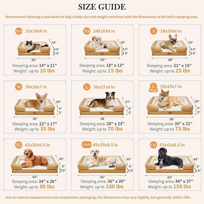 Comfort Expression Orthopedic Dog Bed for Extra Large Dogs 53x42 Inch, Waterproof Supportive Egg Crate Foam XXL Pet Bed with Removable Bolster, Dog Couch with Washable Cover & Non-Slip Bottom, Caramel