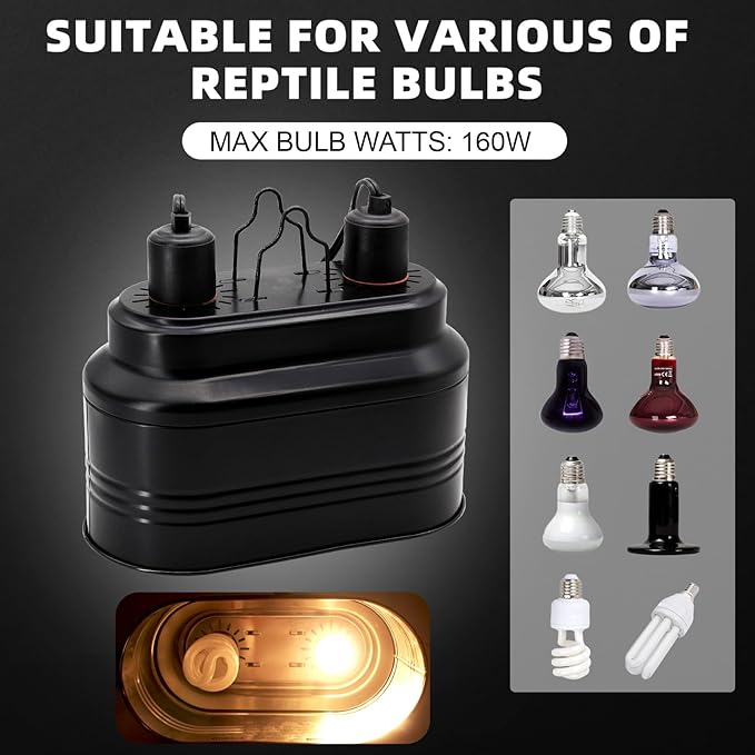 MECESOR Dual Reptile Lamp Fixture with Independent Switches, UVB & Basking Bulb Holder for Glass Terrarium Habitat - Reptile Light Fixture for Bearded Dragons,Turtles,Snakes & Lizards