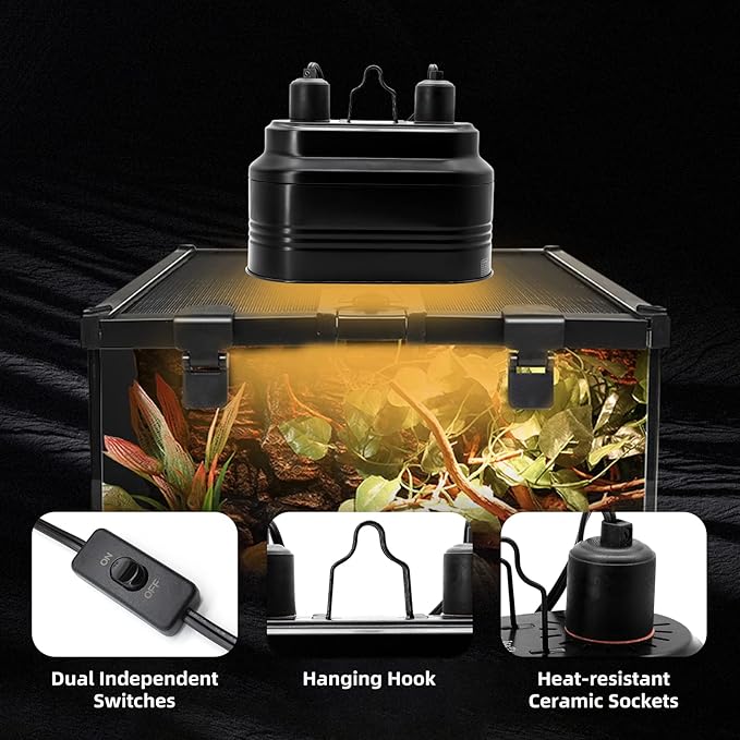 MECESOR Dual Reptile Lamp Fixture with Independent Switches, UVB & Basking Bulb Holder for Glass Terrarium Habitat - Reptile Light Fixture for Bearded Dragons,Turtles,Snakes & Lizards