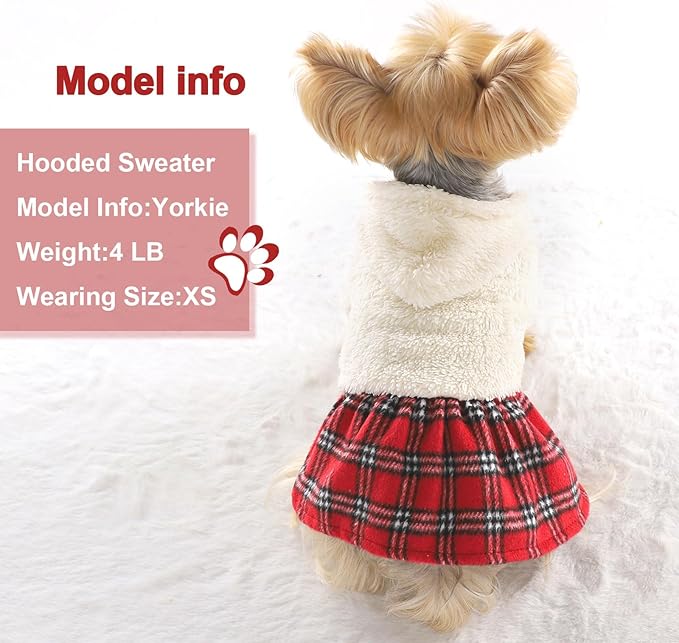 DaFuEn Dog Sweater,Dog Dress, Dog Sweaters Dresses for Small Dogs,Cute Warm Fleece Hooded Sweater for Small Dogs, Plaid Puppy Dresses Clothes Chihuahua Yorkie Cat Apparel （White,XS