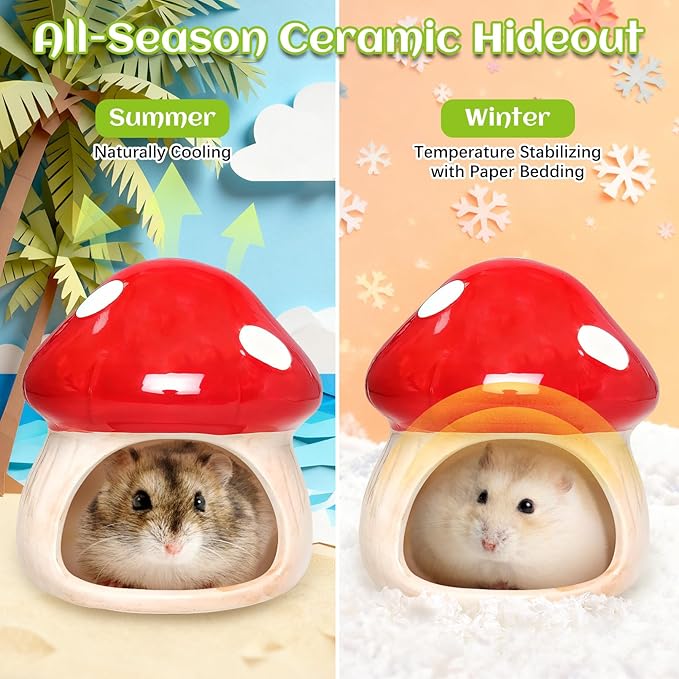 BNOSDM Ceramic Hamster Hideout Cute Mushroom Shape Hamster House and Habitat Cool Hamsters Hide Suitable for Syrian, Mice, Dwarf Hamsters, Gerbils (Red)