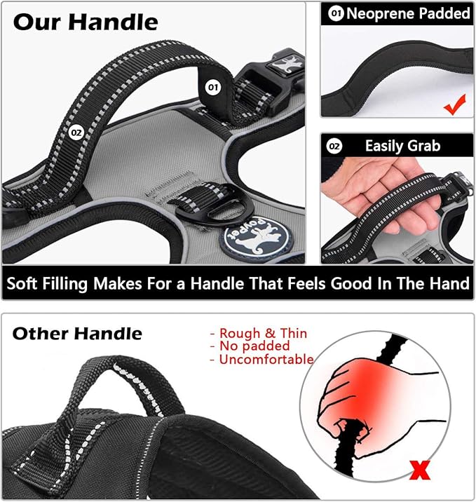 PoyPet No Pull Dog Harness, No Choke Front Clip Dog Reflective Harness, Adjustable Soft Padded Pet Vest with Easy Control Handle for Small to Large Dogs(Grey,L)