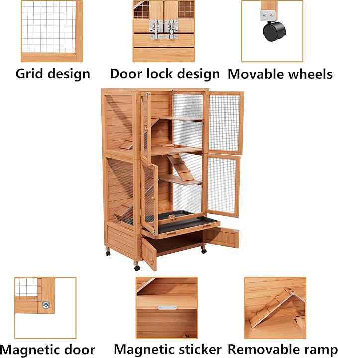 Wooden Hamster Cage, Large Double-Layered Hamster Cage with Storage Area, Deep Pull-Out Tray, and Aesthetically Pleasing and Convenient Magnetic Door Design. (Wood Color)