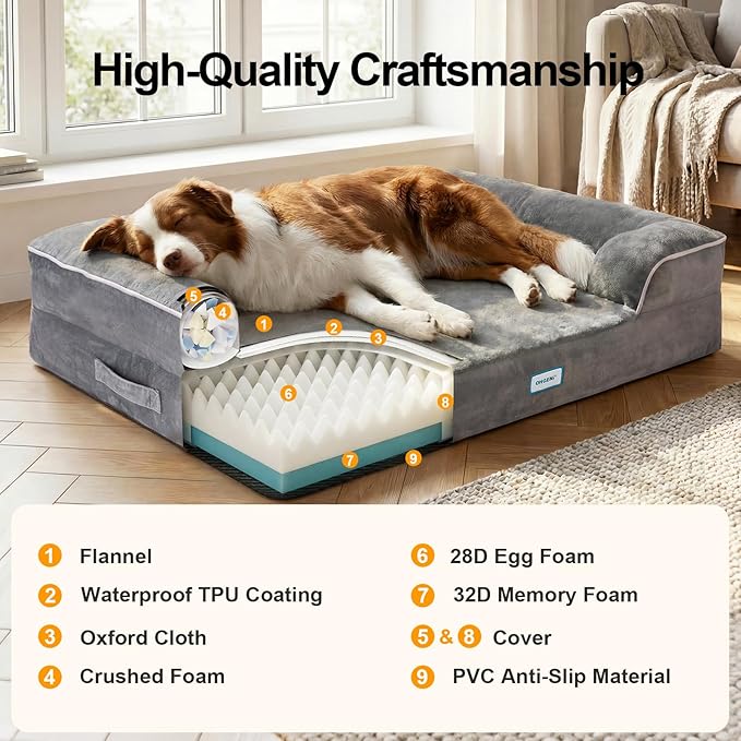 OhGeni Orthopedic Dog Bed Couch Cat Sofa for Large Sized Pets with Memory Foam, Machine-Washable Waterproof Removable Cover, Soft Comfortable Fabric, 35-inch (Gray)