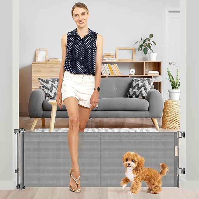 Reinforced 18 Inch Tall Retractable Pet Gate Short Dog Gates to Step Over, 55" Wide Small Dog Gate Indoor Outdoor Retractable Gate, Low Dog Gate Doggy Gate Puppy Gates for Doorways, Stairs, Gray