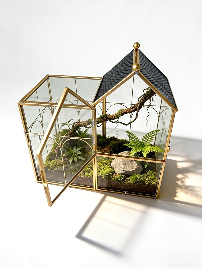 Ready-to-Use Glass Terrarium with Vents - 8.66"x4.72"x8.46" House-Shaped Jumping Spider Enclosure, Habitat for Praying Mantis, Snails, Insect or Succulent Plants - Home Garden Tabletop Decor