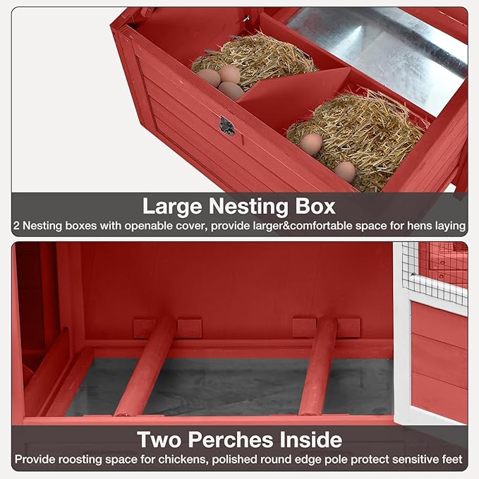 Chicken Coop Outdoor Mobile Chicken House, Expandable Hen House with Wheels, Nesting Box, Leakproof Pull-on Tray and UV-Resistant Roof Panel (Red)
