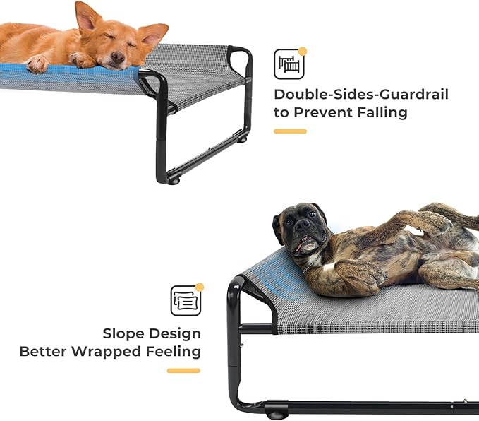 Veehoo 35" Medium Raised Dog Bed, Washable Dog Cot with Headrest Sides, Outdoor Elevated Dog Bed with Non-Skid Feet, Breathable Mesh, Portable Pet Hammock for Indoor or Camping, Black Silver