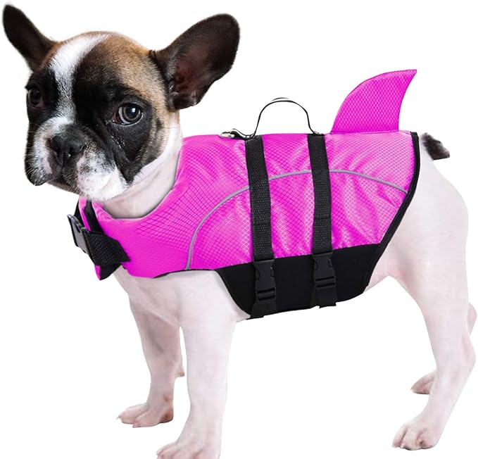Queenmore Ripstop Dog Life Jacket Shark Life Vest for Dogs, Safety Lifesaver with High Buoyancy and Lift Handle for Small and Medium Breeds（Rose Red L）