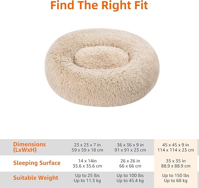 Amazon Basics Washable Donut Pet Bolster Faux Fur Bed with Removable Cover, Anti-Slip Bottom for Dog, Beige, 45" x 45"